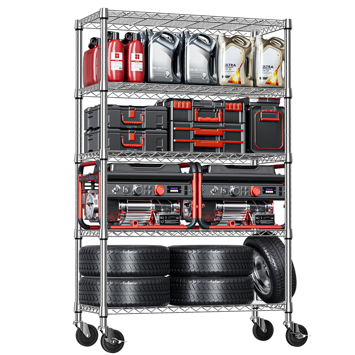 IZEUK 5-Tier Adjustable Heavy Duty Steel Wire Shelving Unit with Wheels, Storage Rack Organizer for Garage, Kitchen, Office, Laundry, Basement (Black, 17.7" D x 47.2" W x 76.7" H, 1750 lbs Capacity)