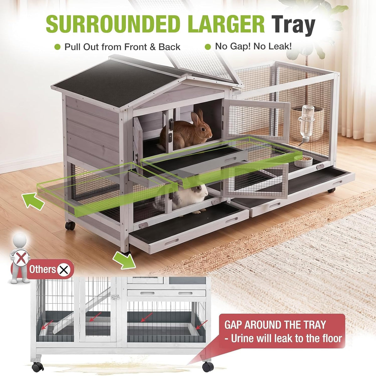 Bunny Cage Indoor and Outdoor Rabbit Hutch with Casters Waterproof Roof, Pull Out Tray from Back and Front 61.2" L x 22.6" W x 33.5" H