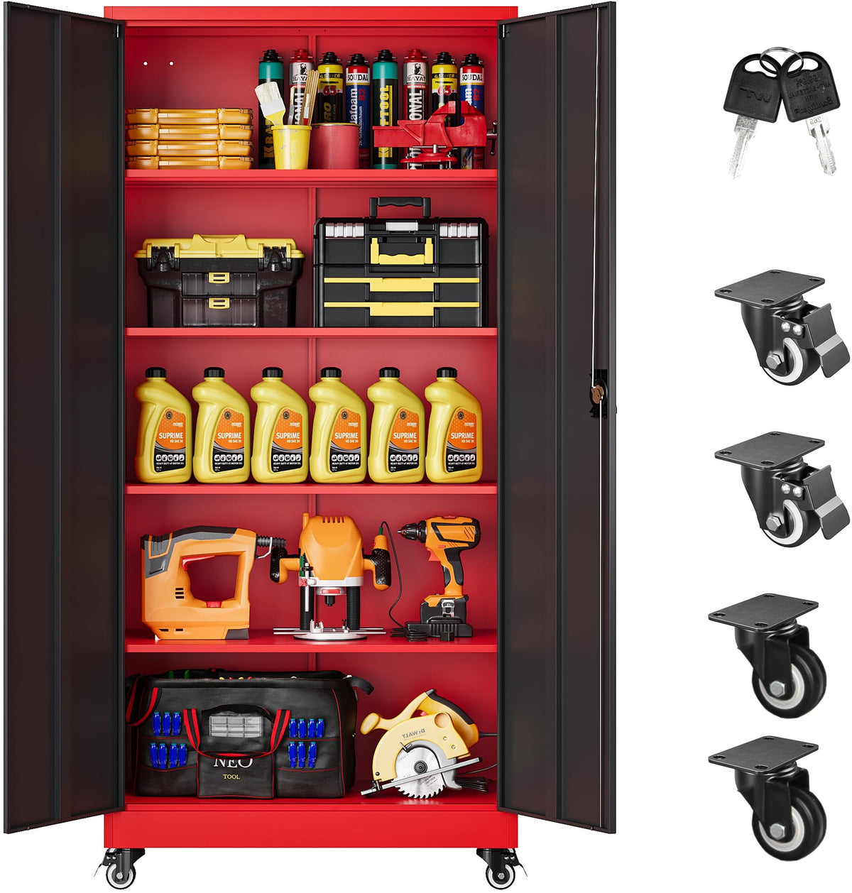 SISESOL 75" Tall Metal Storage Cabinet with Wheels,Rolling Garage Storage Cabinet with Lock,Black Metal Cabinets with Wheels and Shelves,Deep Heavy Duty Tool Locker for Garage,Home,Office,Shop