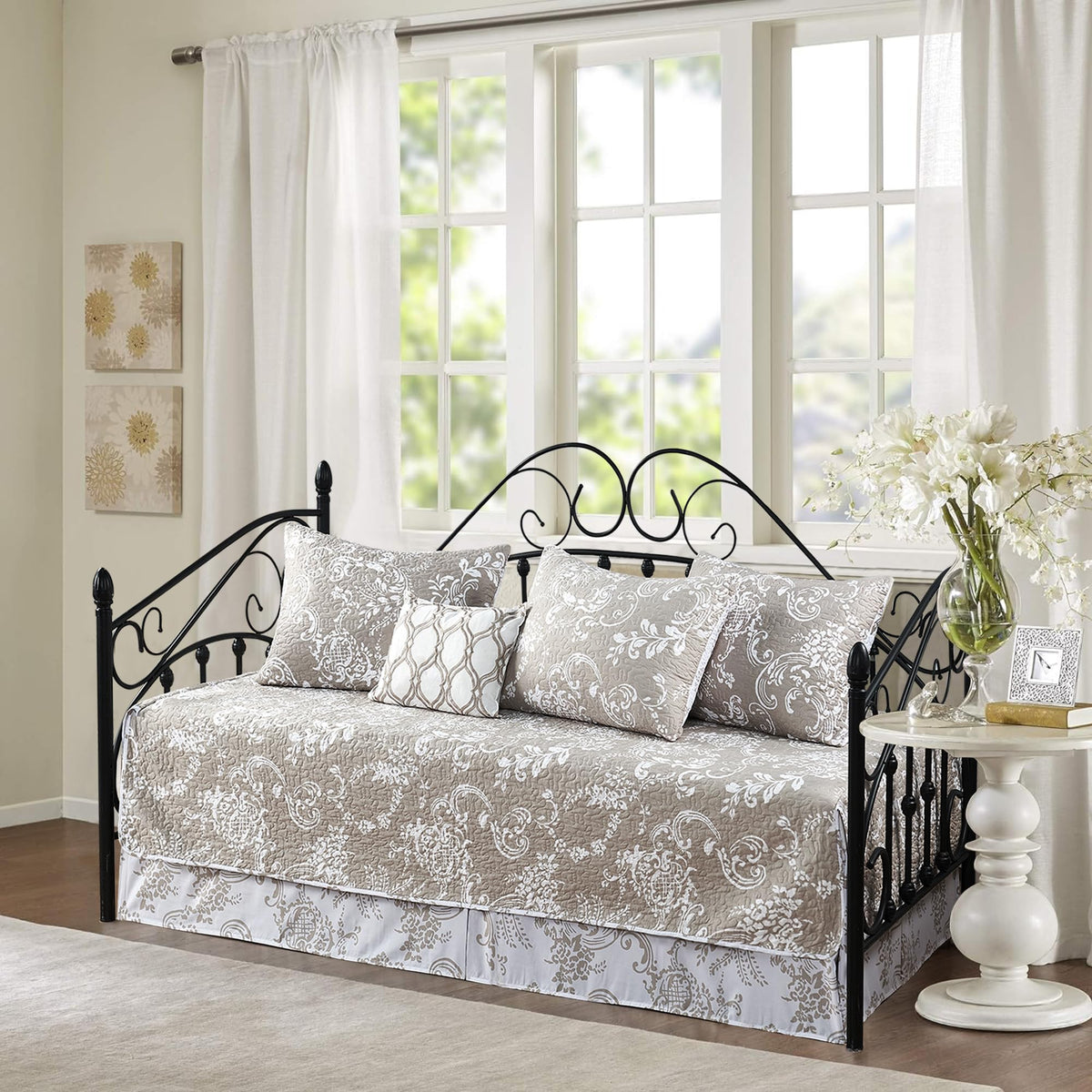 5-Piece Quilted Microfiber Daybed Cover Set with Floral Embroidery, All Season Luxurious Bedding with Matching Shams and Bed Skirt, 75"x39", Pink Flower