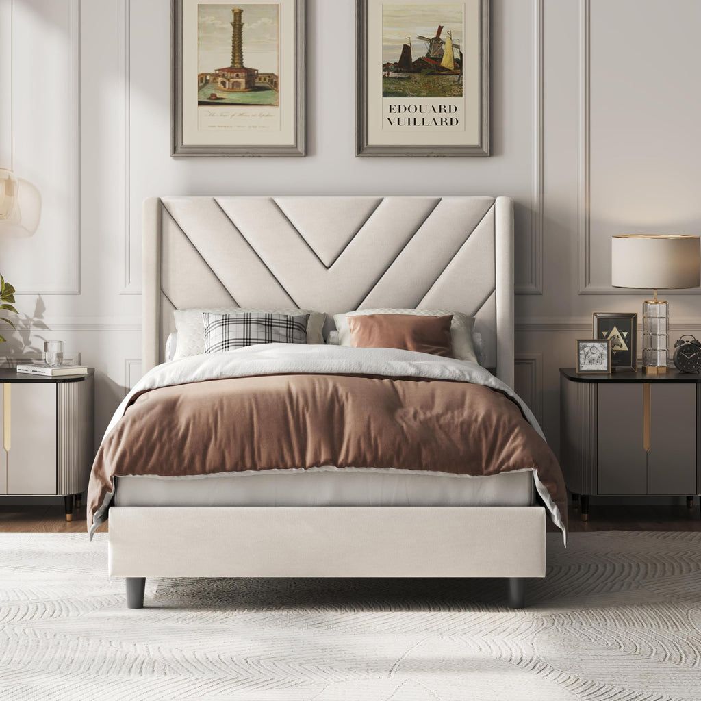 Yaheetech Queen Bed Frame with Chevron Channel-Tufted Headboard, Beige