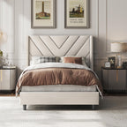 Yaheetech Queen Bed Frame with Chevron Channel-Tufted Headboard, Beige