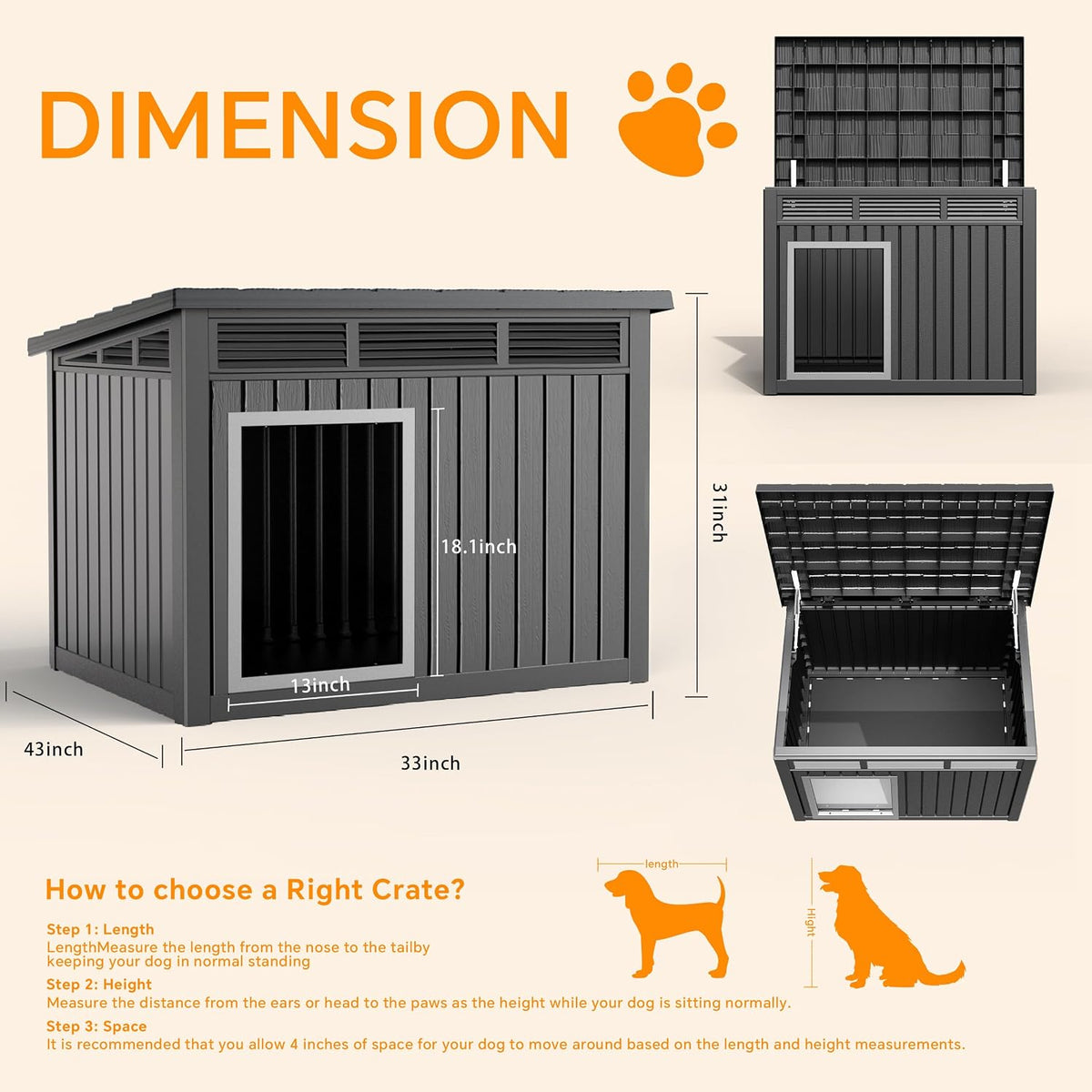 Durable Waterproof Resin Dog House,Indoor Outdoor Doghouse for Small to Large Dogs,Dog Kennel with Air Vents and Elevated Floor,Easy to Assemble and Clean(Black 42.87 * 32.95 * 31.61)