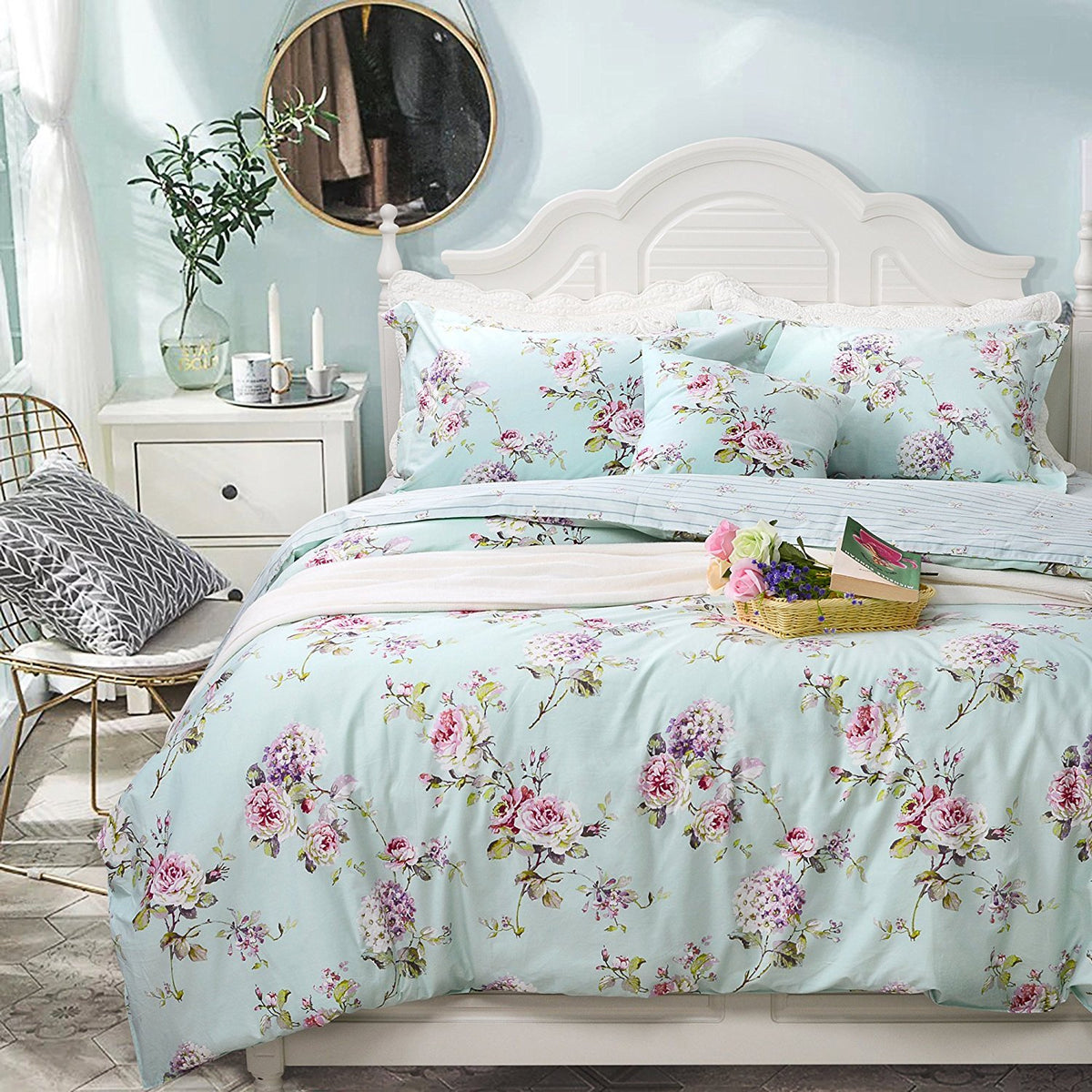FADFAY Floral Duvet Cover Set 100% Cotton Green Striped and Beige Bedding White Flower Branches Print 600 TC Soft Reversible Zipper Bed Cover & 2 Pillowcases,King/Cal King(106x92)