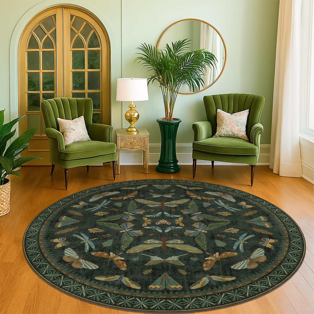 Hazo Haus Dark Green Insect Area Rugs 8x10 for Living Room, Dining Room Under Table, Bedroom, Unique Washable Floral Non Slip Low Pile Soft Rug