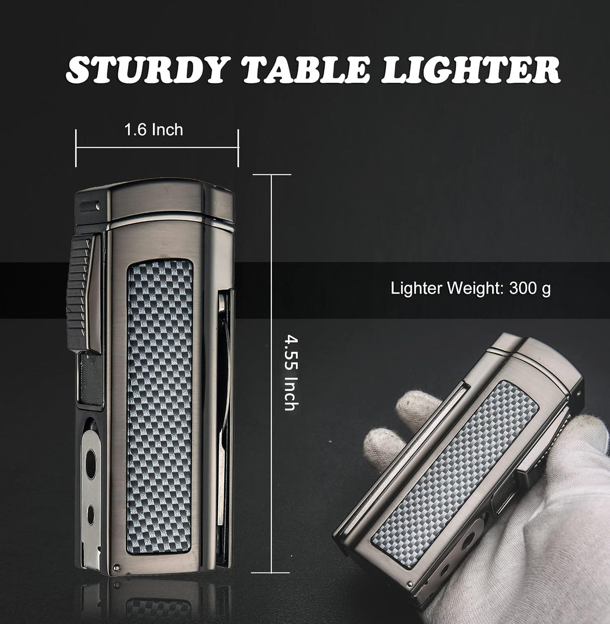 Table Cigar Lighter Large Size Windproof Lighters Metal Torch Butane Lighter 4 Jet Red Flame Refillable Lighters with Two Tools Cigar Punch and Cigar Scissors (Gunmetal)