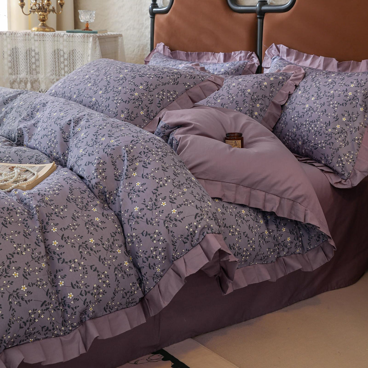 LifeTB Green Floral 100% Jersey Knit Cotton Duvet Cover Queen Vintage Style Botanical Floral Bedding Set Chic Shabby Green Floral Comforter Cover Girl Women Flower Bedding Cover with 2 Pillowcases