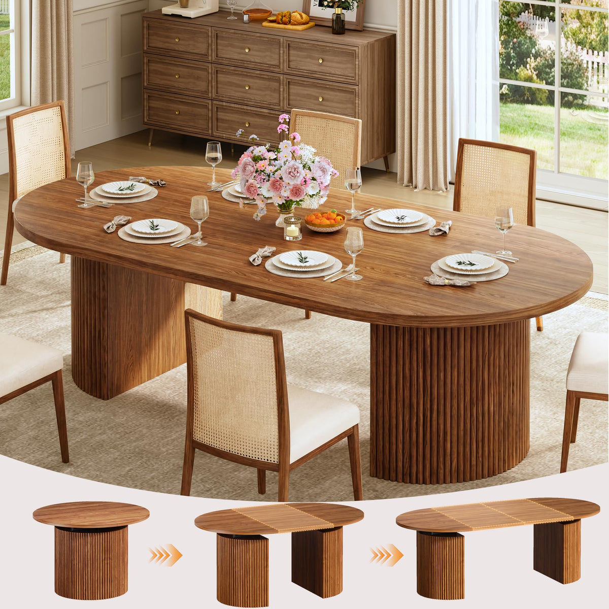 HUAHUU Extendable Round Dining Table for 4-8, 39in-77in Long Large Kitchen Table with Fluted Base, Space Saving Modern Farmhouse Oval Dinner Tables for Dining Room, Kitchen, Living Room, Black