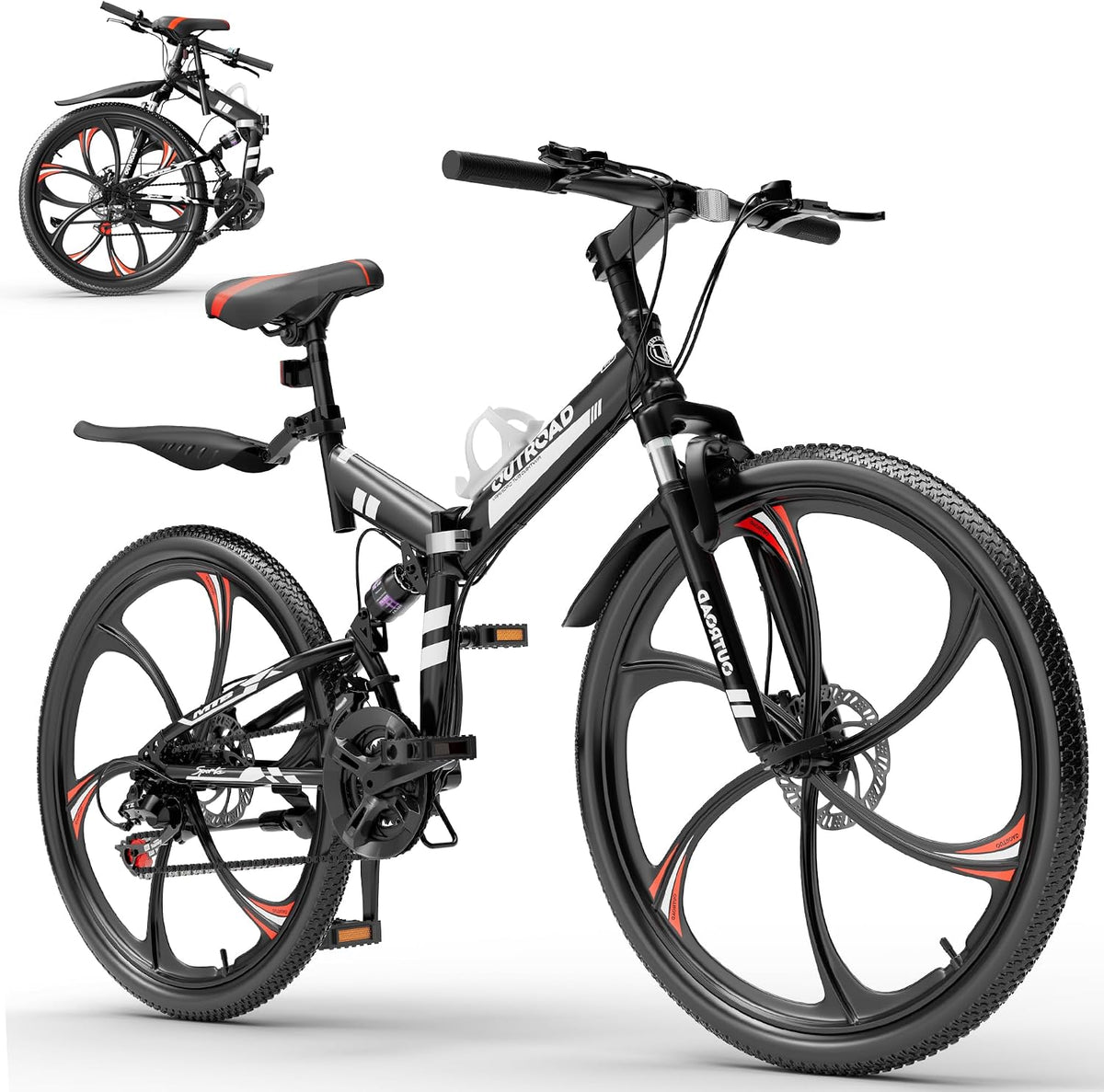 Bonusall 26 Inch Folding Mountain Bike, 21-Speed Full Suspension Foldable Bicycle for Adults, High-Carbon Steel Portable MTB with Dual Disc Brakes, Non-Slip Commuter Bike for Men & Women