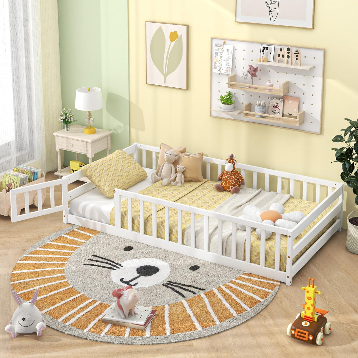 GIANTEX Full Size Floor Bed for Kids, Low Montessori Bed with Wood Slats & Safety Guardrails, Solid Wood Full Floor Beds with Fence and Door for Kids Boys Girls, White