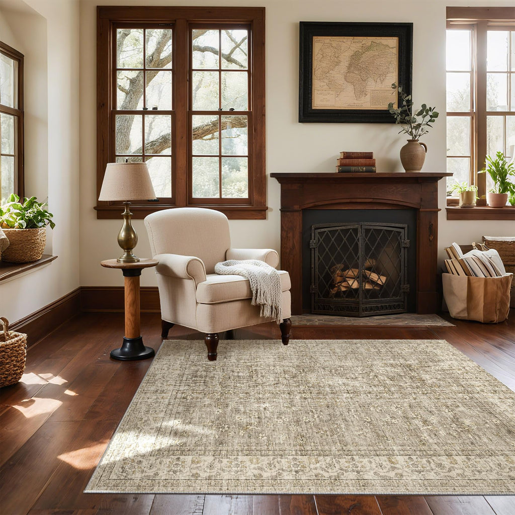Washable Area Rugs for Living Room: 9x12 Bedroom Rug Boho Vintage Area Rug Stain Resistant Non Slip Low Pile Lightweight Soft Carpets for Dining Room Kitchen Nursery Kids Room Playroom Home Office