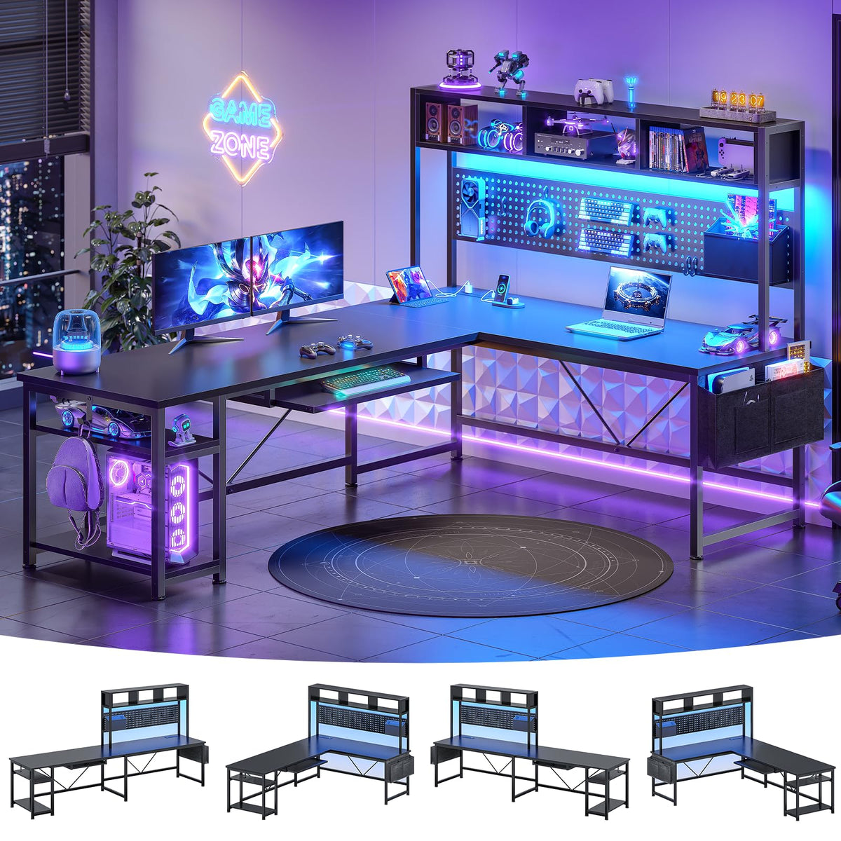 SEDETA 67" L Shaped Gaming Desk with Pegboard LED Lights and Power Outlet