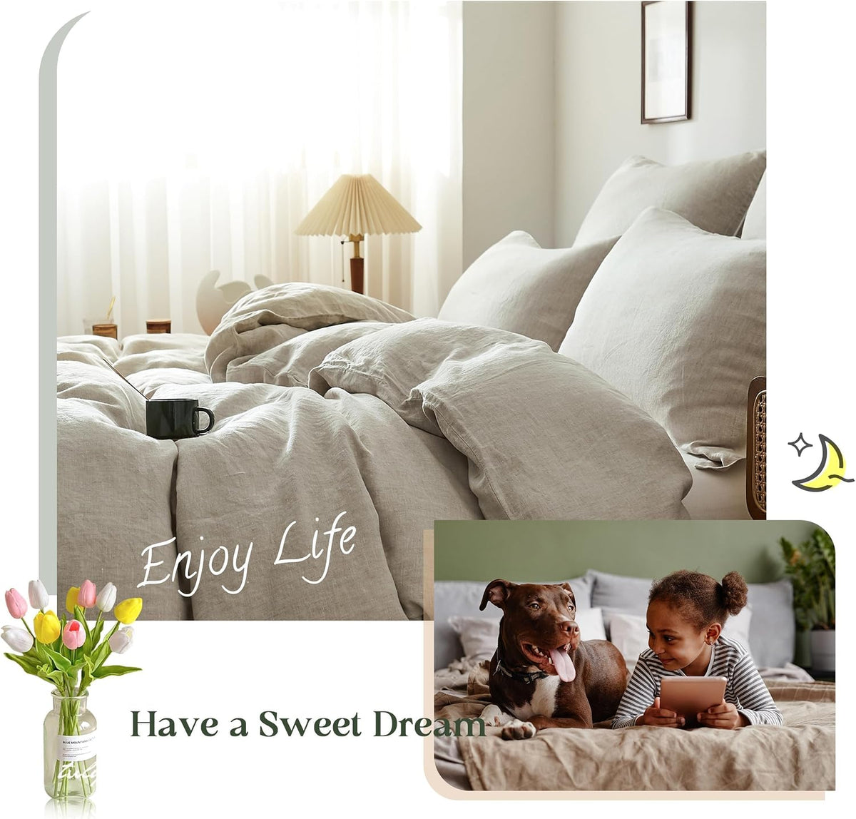 Simple&Opulence 100% Linen Duvet Cover Set, 3 PCS Natural French Flax Linen Duvet Cover King Size, Breathable Soft Comfy Linen Bedding Comforter Cover with 2 Pillowcases(Linen, 104"x92")