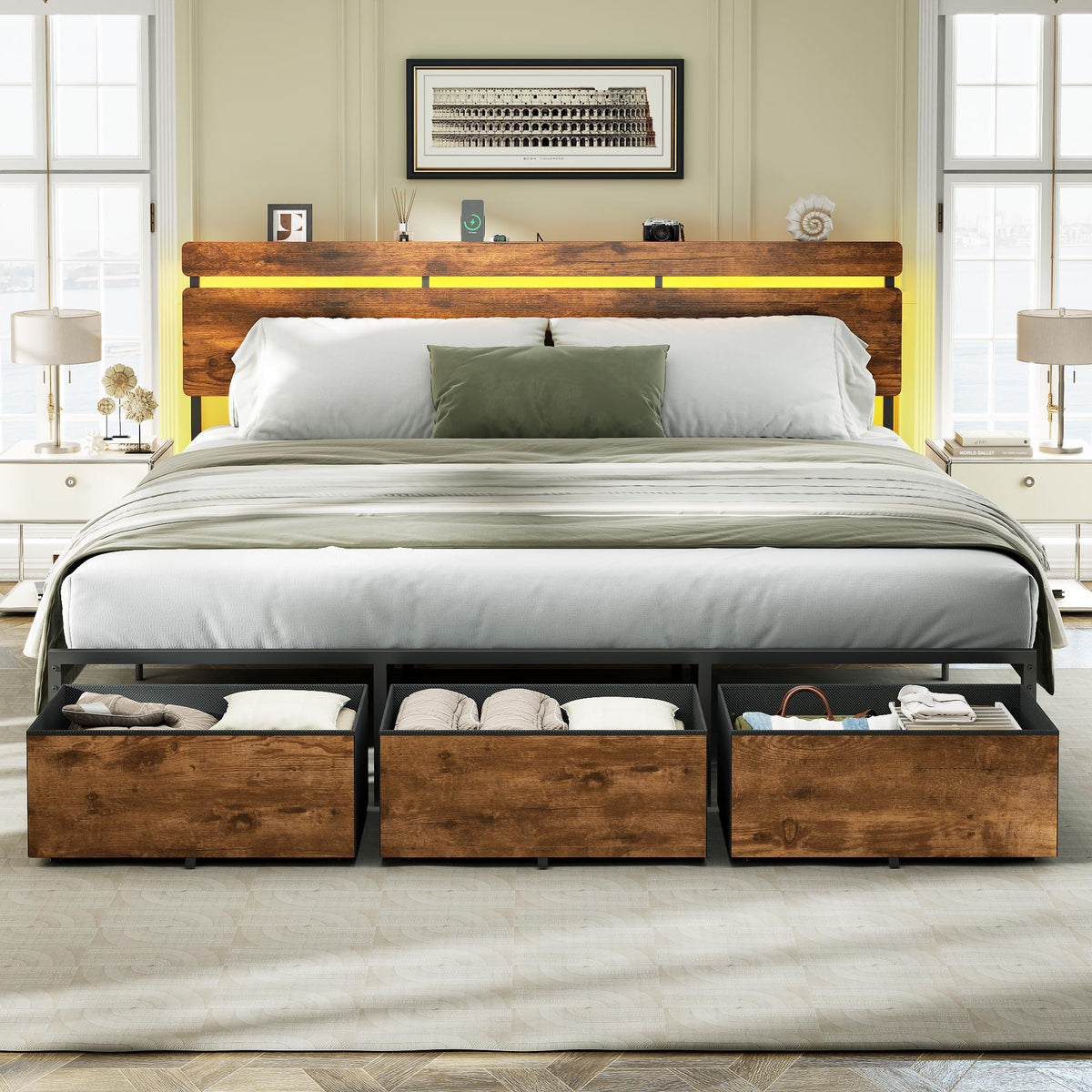 Forestell Queen Bed Frame with Wood Headboard,2 Storage Drawers & Shelf