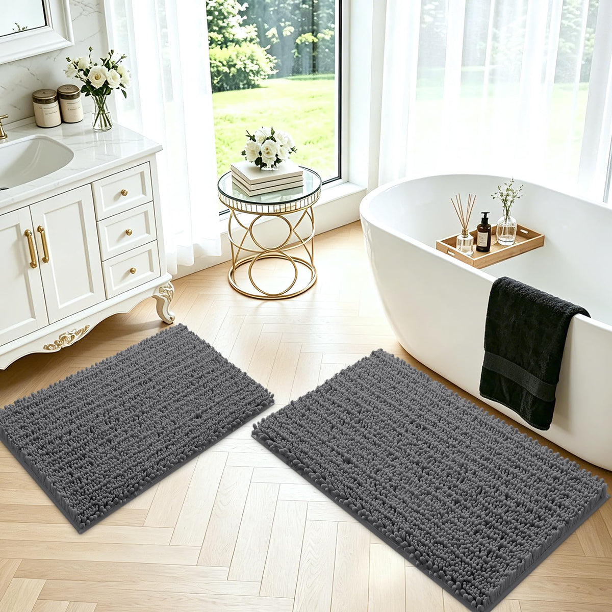 ACCUMTEK Upgrade Extra Large Black Bathroom Rug Set 3 Pieces Ultra Soft, Thick Absorbent Bath Mats, Non Slip Chenille Toilet Mat for Bathroom, Bedroom, Kitchen