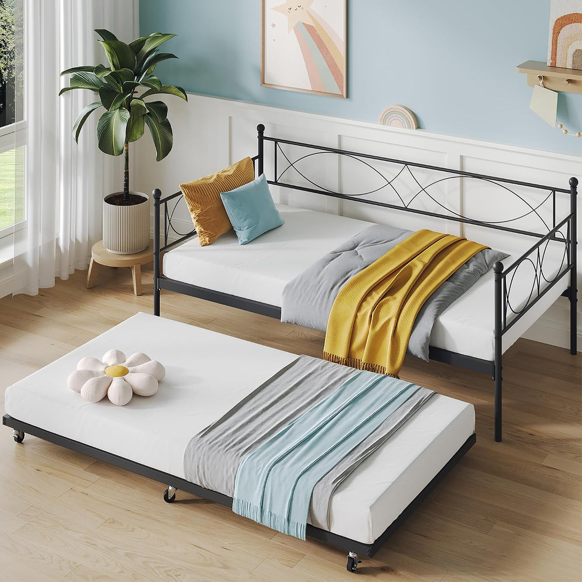 IDEALHOUSE Metal Twin daybed with Trundle with Steel Slat Support