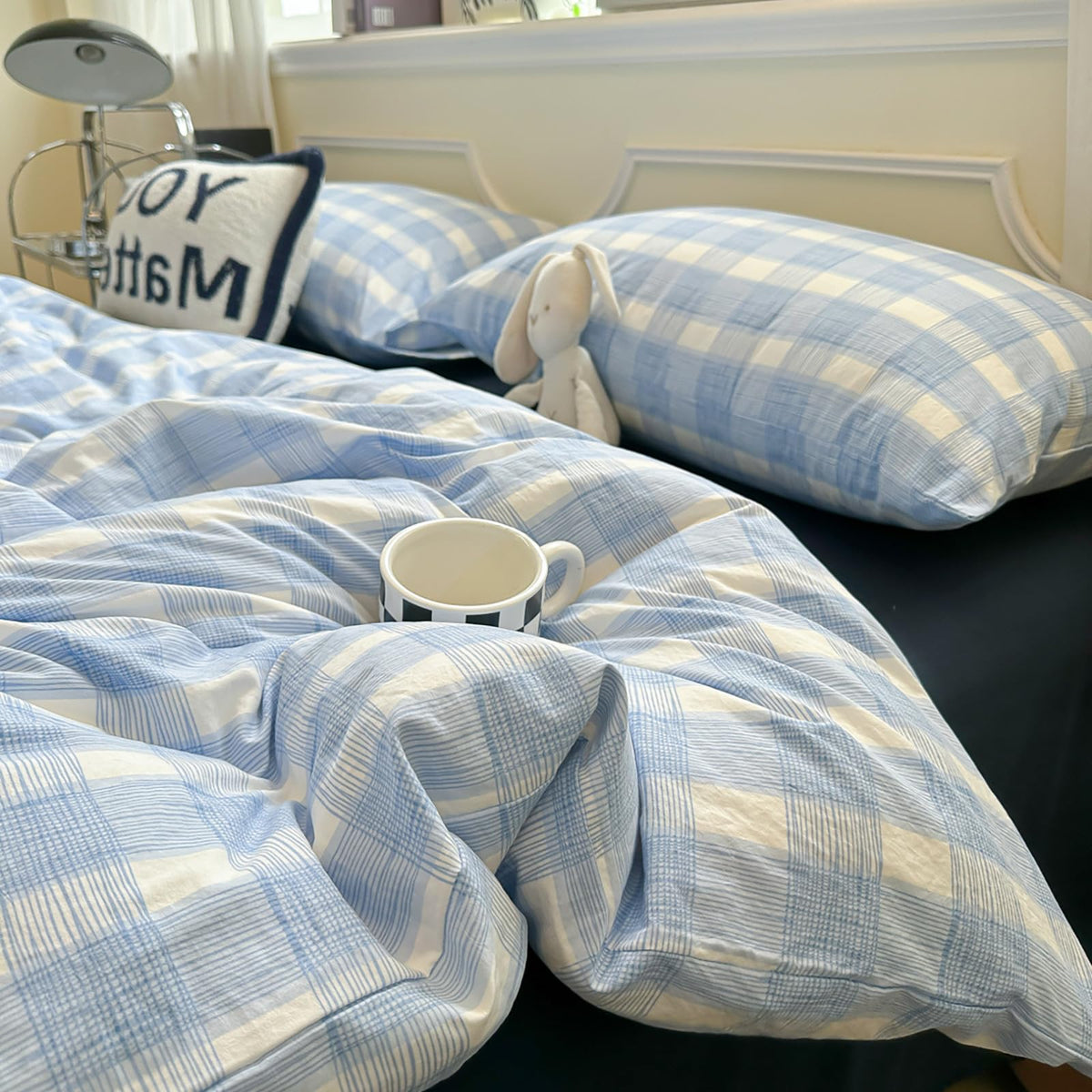 Plaid Duvet Cover Set Washed Cotton,Queen(90"x90"),Multicolor Gingham