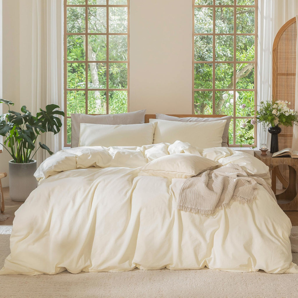 MooMee Duvet Cover Set 100% Washed Cotton Linen Like King