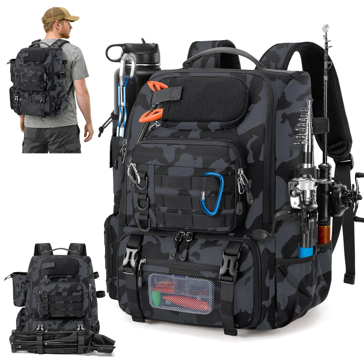 RAINSMORE Fishing Backpack 40L Tackle Backpack with Rod Holders & Cooler