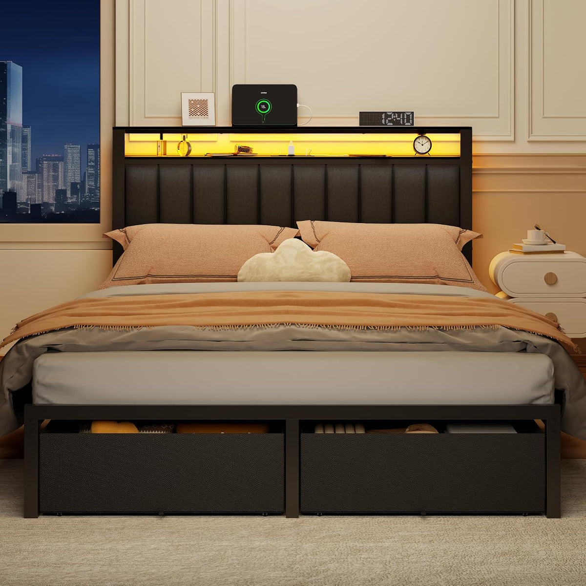 Furnulem Queen Bed Frame with Storage Drawers and Upholstered Headboard