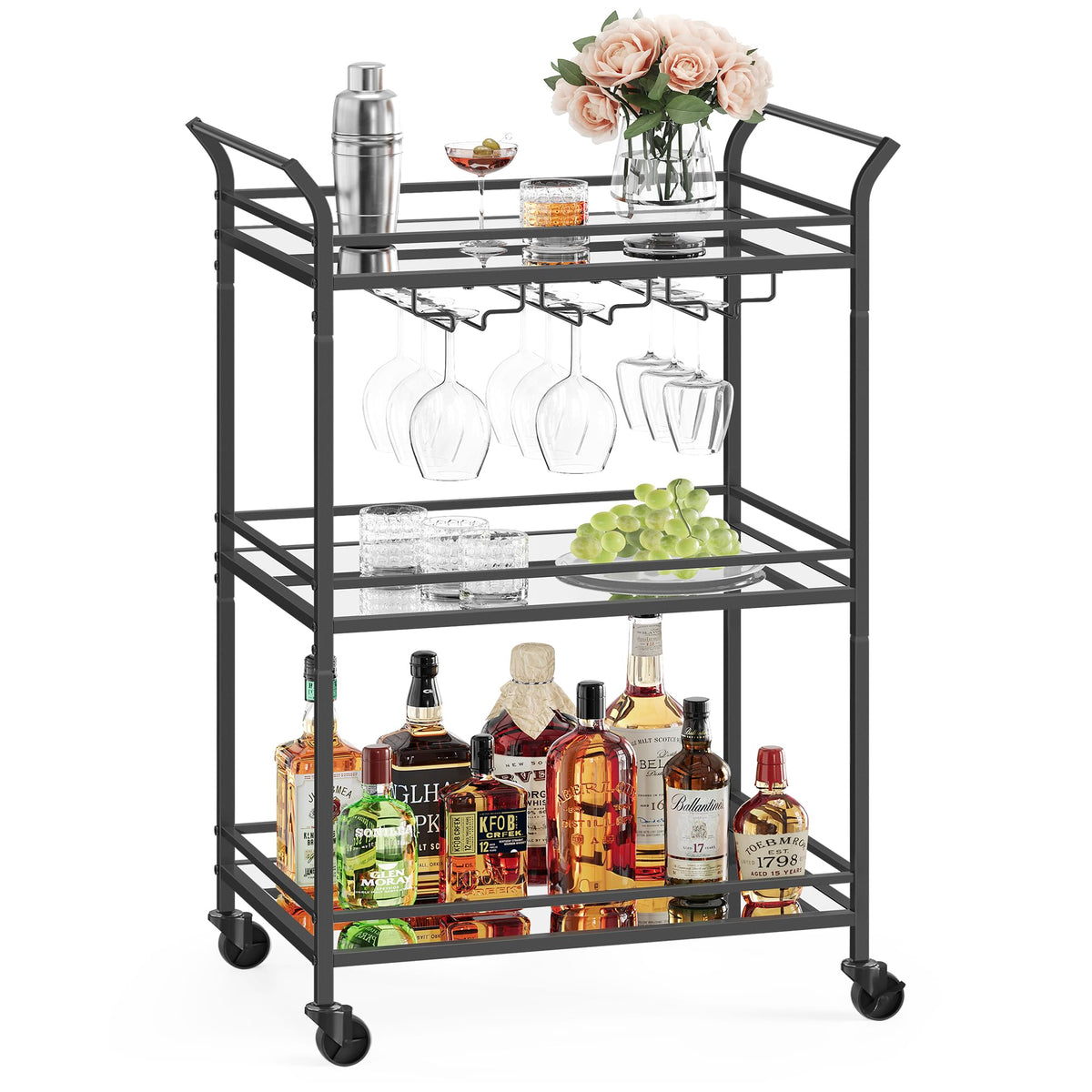 VASAGLE Bar Cart Gold, Large Home Bar Serving Cart with 3-Tier