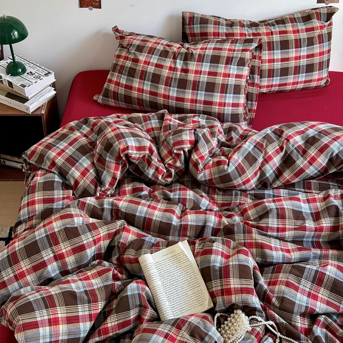 EAVD Vintage Buffalo Plaid Duvet Cover Queen Red&Black&Green Muslin Cotton