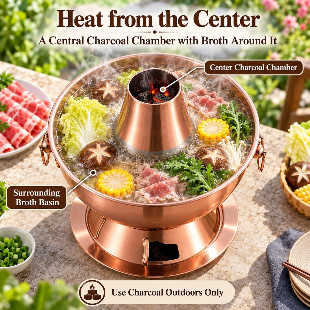Charcoal Hot Pot, Chinese Charcoal Hot Pot Cooker for Camping (Gold)