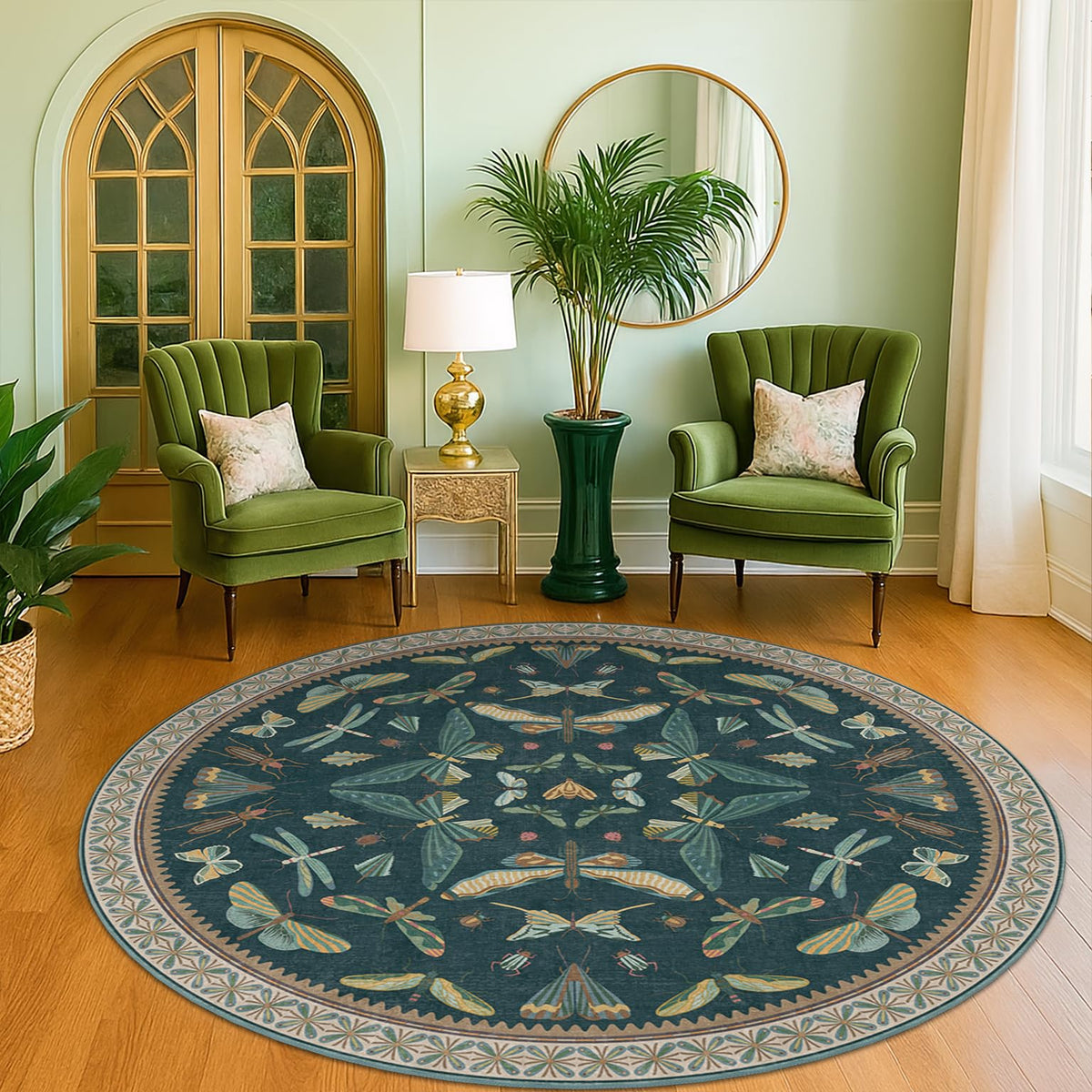 Hazo Haus Dark Green Insect Area Rugs 8x10 for Living Room, Dining Room Under Table, Bedroom, Unique Washable Floral Non Slip Low Pile Soft Rug