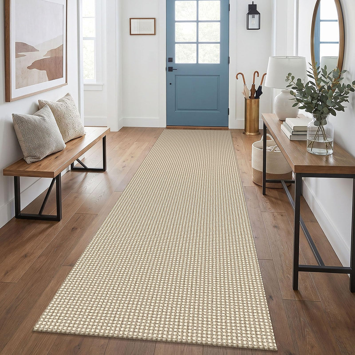 EARTHALL Woven Area Rugs 6x9 Ft Washable Living Room Rugs Non Slip Rubber Backed Dining Room Rug Braided Bedroom Rugs Indoor Floor Carpet for Living Room, Bedroom, Dining Room, Beige/Ivory