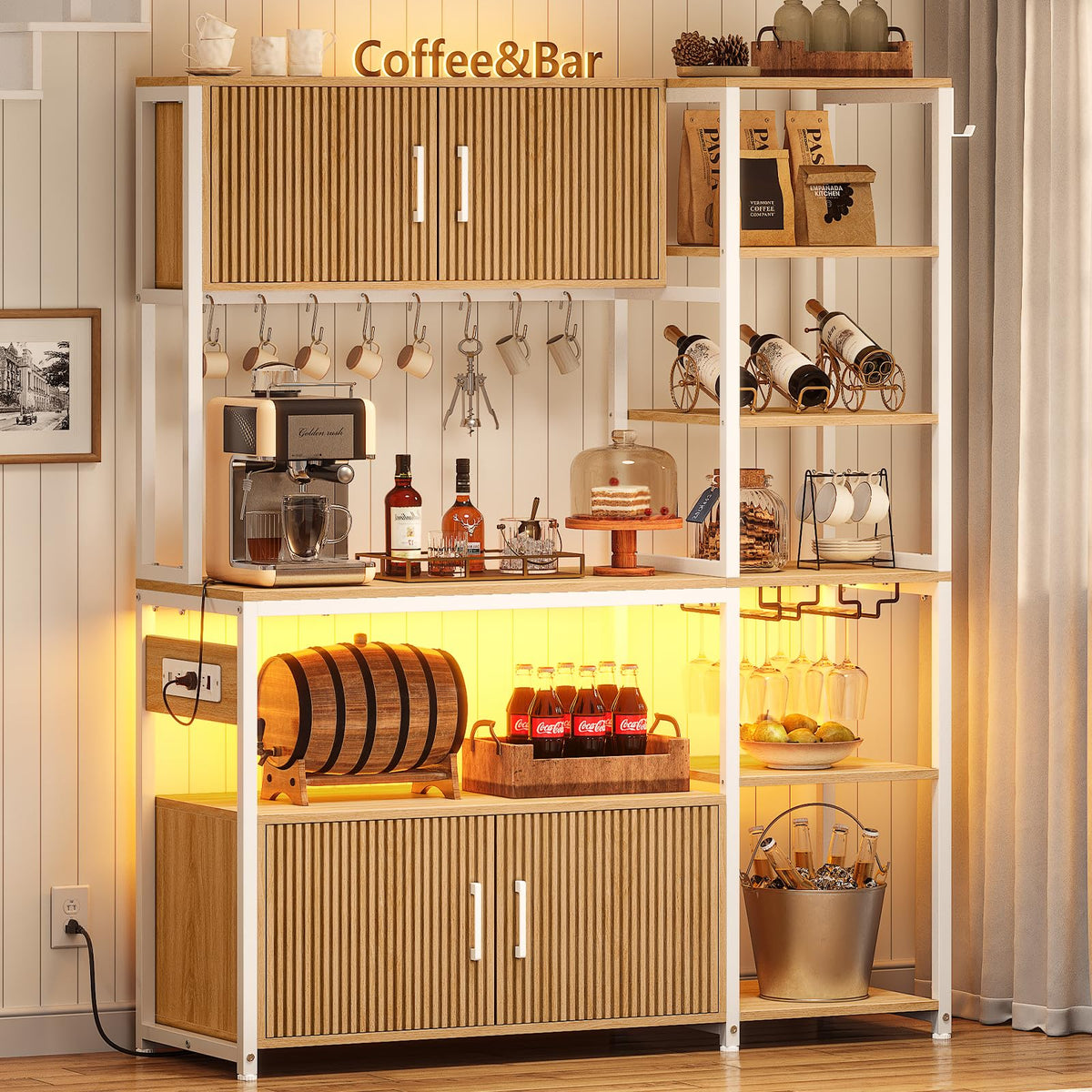 Itaar Bakers Rack with Power Outlet and LED Light, 45.3 Inch Farmhouse Coffee Bar Cabinet, Kitchen Microwave Stand with Storage, Glass Cabinet, Goblet Holder and 8 Hooks (Rustic Brown)