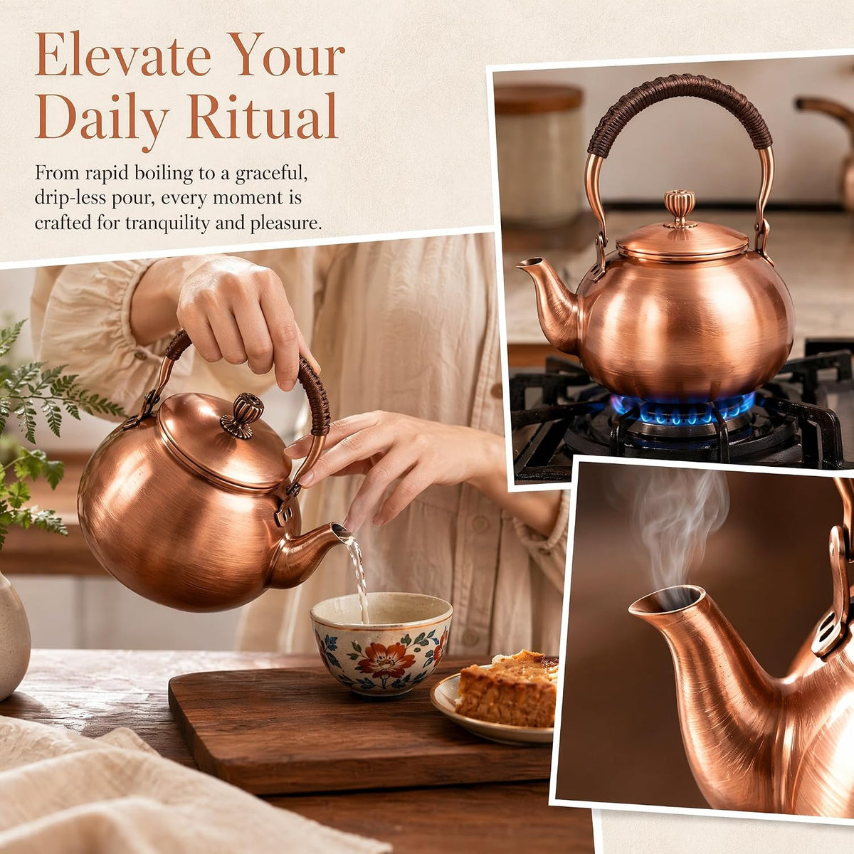 Handmade Copper Kettle 1200ML, Copper Stovetop Tea Kettle, Handmade Solid Copper Teapot with Stay-Cool Grip, Fast Boiling Gas Stove for Tea Ceremony Home Kitchen Use (1.1L-B)