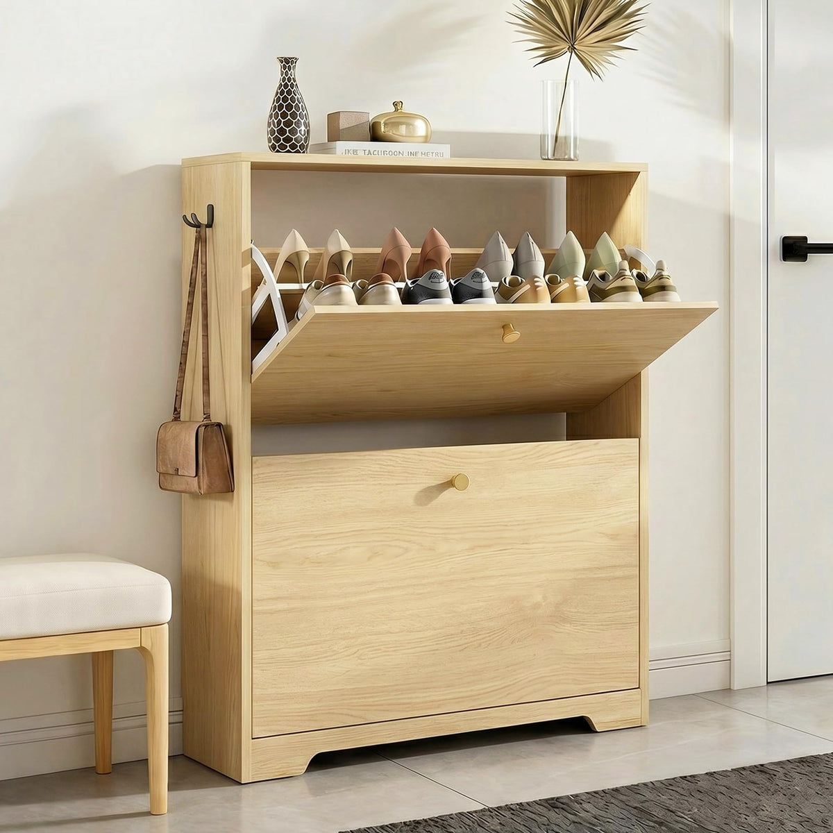 Nicetree Shoe Cabinet with 3 Flip Drawers, Narrow Shoe Organizer Cabinet, Freestanding Shoe Rack Cabinet, Modern Shoe Storage Cabinet for Entryway, Hallway, Foyer, White