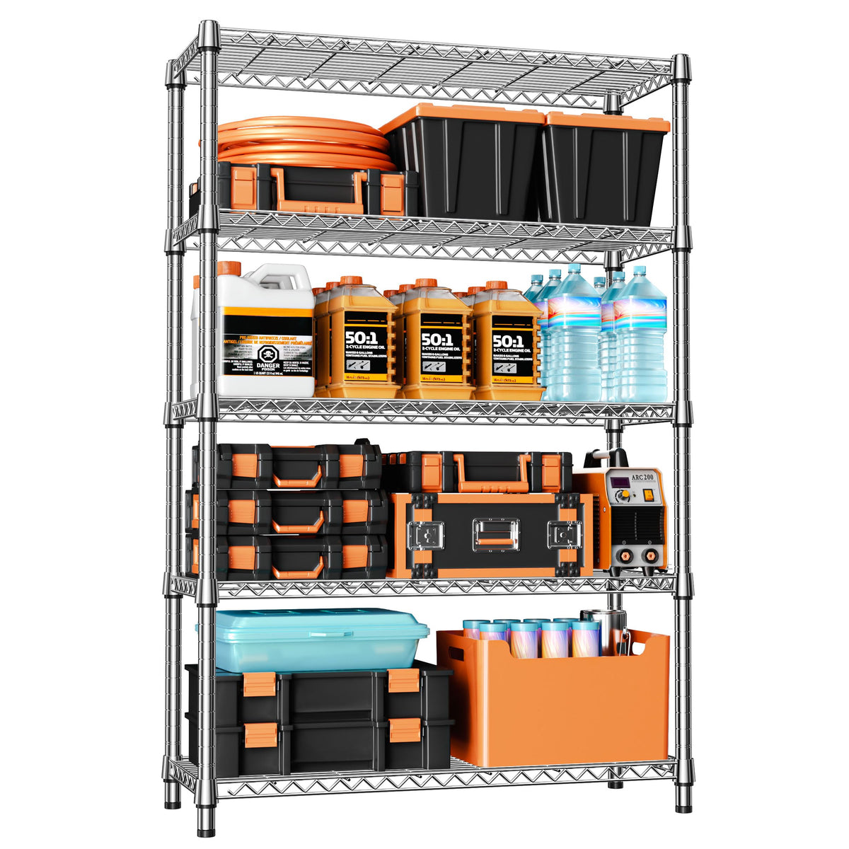 IZEUK 5-Tier Adjustable Heavy Duty Steel Wire Shelving Unit with Wheels, Storage Rack Organizer for Garage, Kitchen, Office, Laundry, Basement (Black, 17.7" D x 47.2" W x 76.7" H, 1750 lbs Capacity)