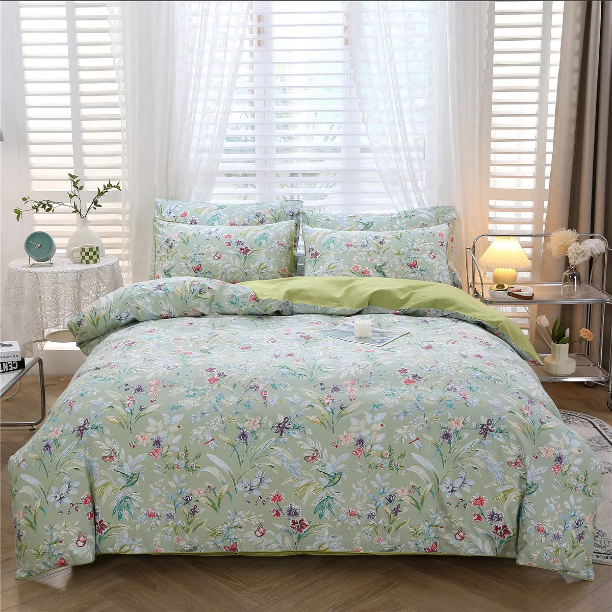 URBONUR 100% Cotton Floral Queen Duvet Cover Set 3-Pieces Botanical Bedding