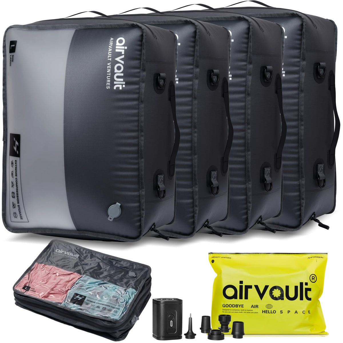 AirVault Reusable Vacuum Compression Travel Bag for Carry-On Suitcase and Backpack, Recycled IPX8 Waterproof Space Saver Vacpack (21L Gray (3-Pack) (Air Pump Included)