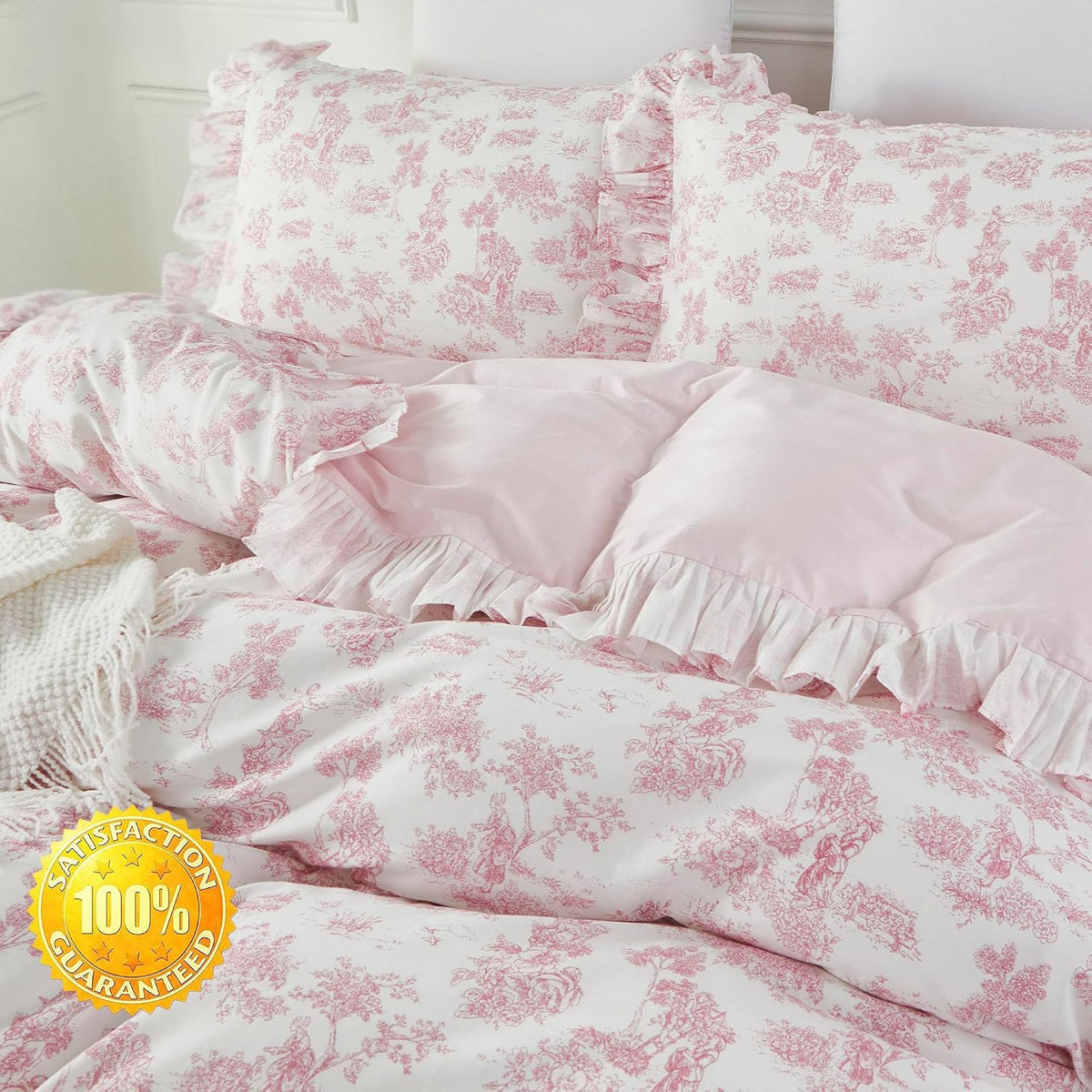 Brandream French Country Toile Queen Duvet Cover Set for Girl Women Bedroom Vintage Pink Toile Floral Print 100% Cotton Duvet Quilt Comforter Cover Pillow Shams Set with Delicate Ruffle Fringe