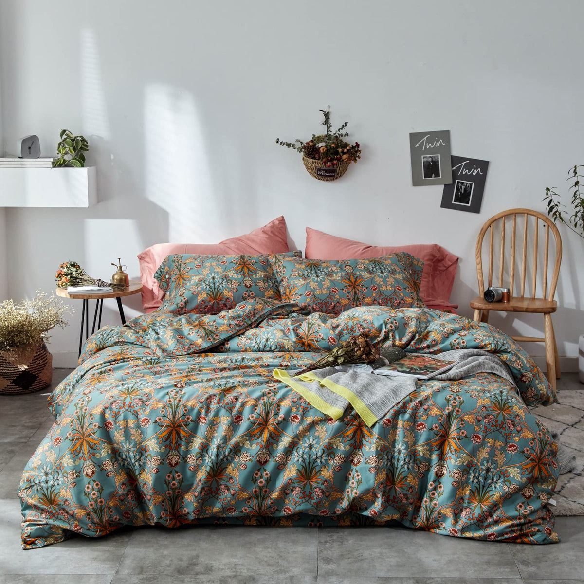 mixinni Garden Style Cotton Flowers and Birds Pattern Printed Duvet Cover Reversible Design Peacock Blue 3 Piece Bedding Duvet Set with Zipper Closure, Perfect for Him and Her-Queen Size