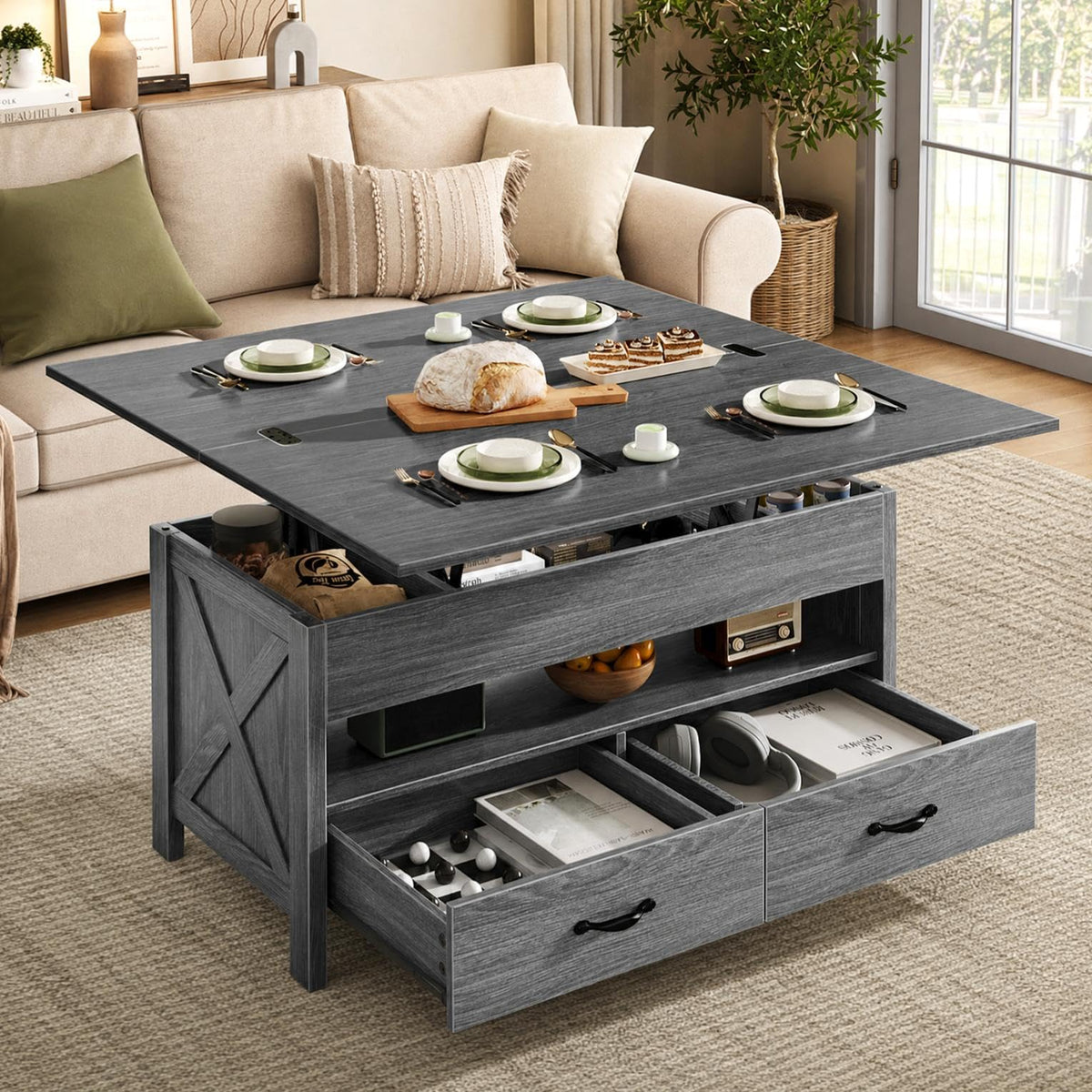 Marsail 40" Lift Top Coffee Table, 4 in 1 Coffee Table with Hidden Compartment, 1 Open Shelf and 2 Drawers, Multifunctional Farmhouse Center Table for Living Room and Home Office, Brown and White