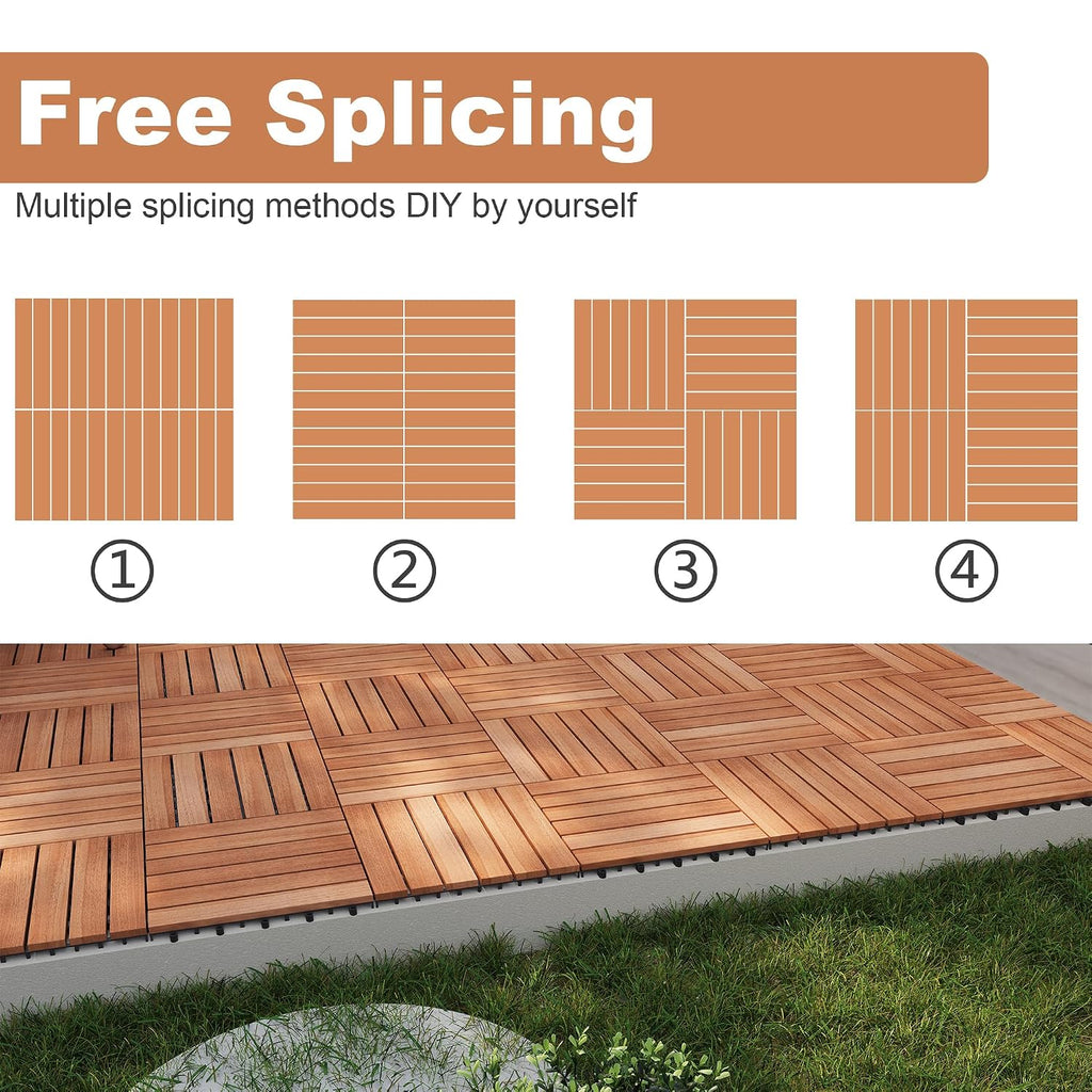 PrimeZone 54 PCS Solid Acacia Wood Interlocking Deck Tiles, Natural Wood