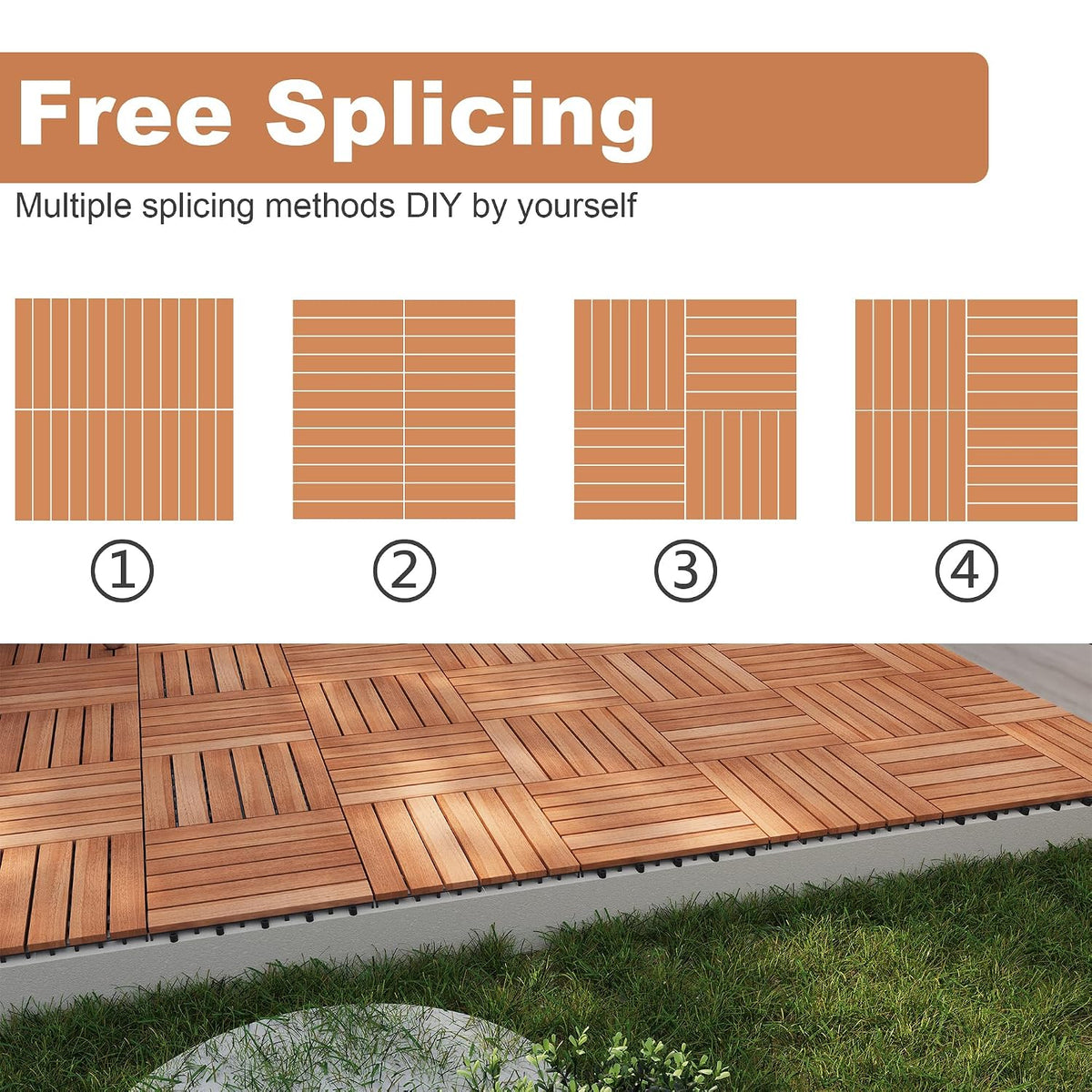 PrimeZone 54 PCS Solid Acacia Wood Interlocking Deck Tiles, Natural Wood