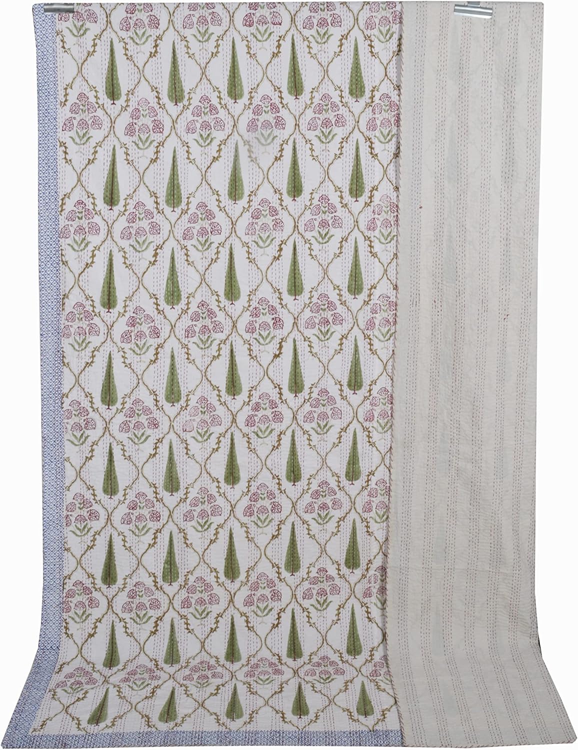 YUVANCRAFTS Indian Block Print Quilt Queen Kantha Quilts Kantha Throw Kantha Bedspread Blanket Cotton Bed Cover Vintage Quilt Boho Kantha Quilts Queen Size Quilt Blanket (Queen 90 X 108 Inch, White 4)