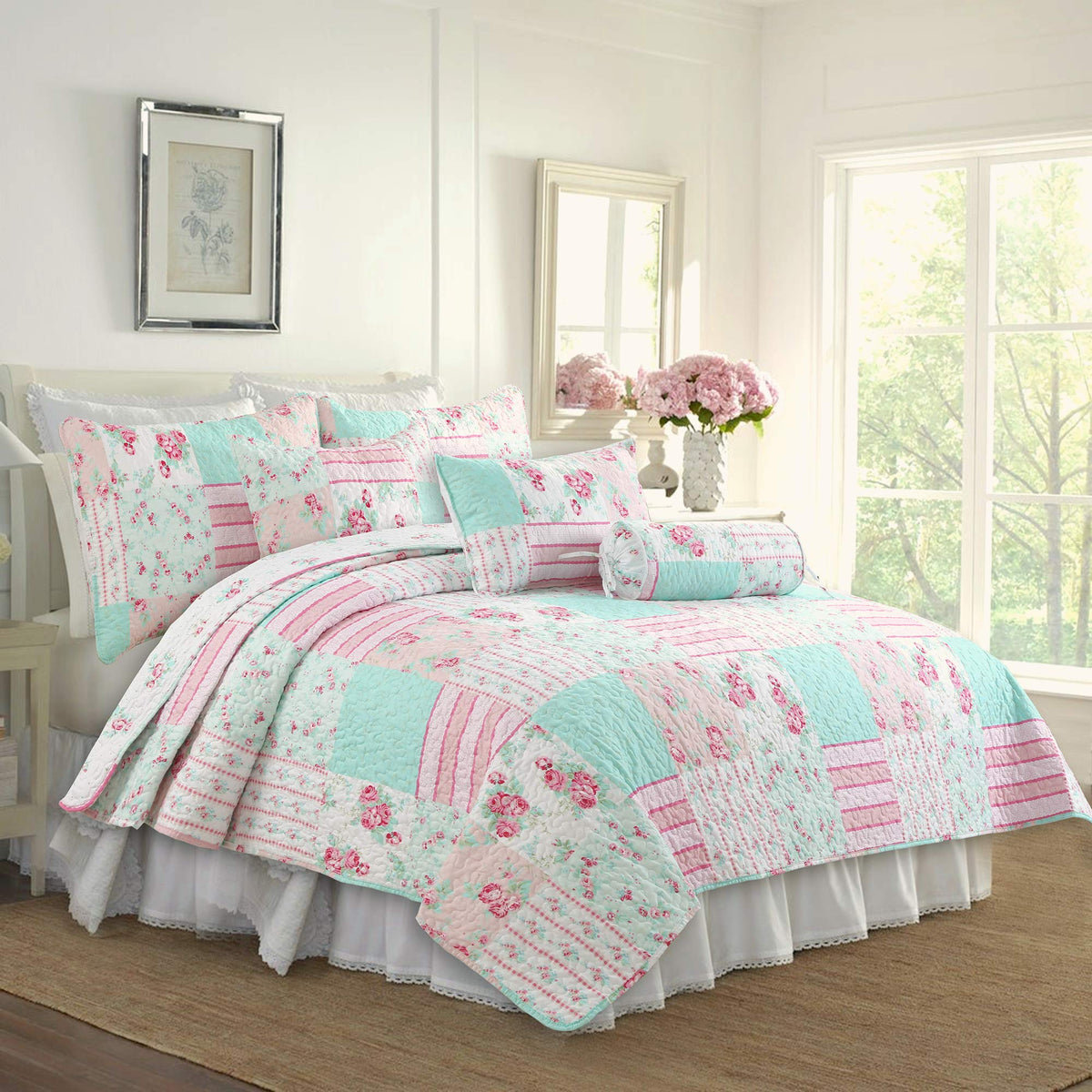 Cozy Line Home Fashions Bloom Floral Blue Rose Spring Reversible Quilt Bedding Set, Coverlet Bedspread Lightweight for All Seasons (Pink Garden, Queen - 6 Piece)