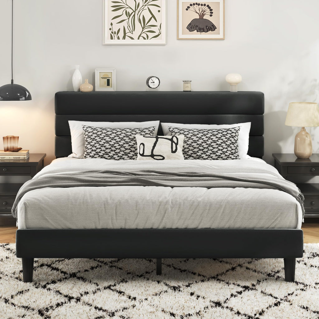 Fluest King Size Bed Frame, Platform Bed Frame with Velvet Upholstered Headboard, No Box Spring Needed, Sturdy Metal Support, Noise Free, Easy Assembly, Beige