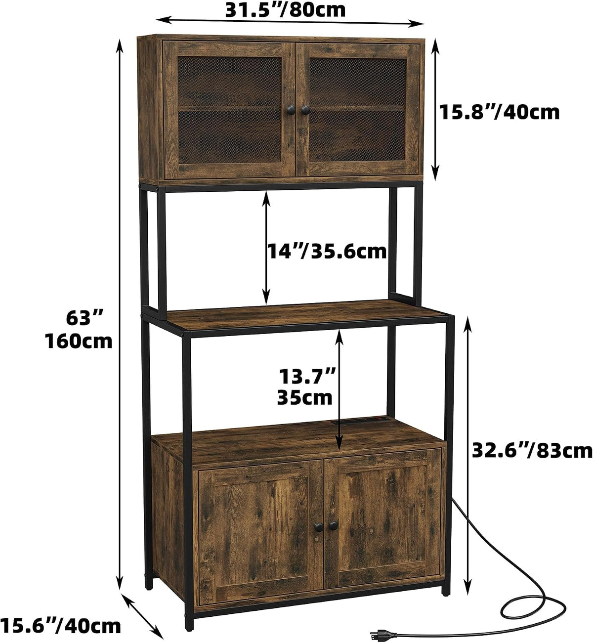 Furniouse 6-Tier Kitchen Bakers Rack with Power Outlet, Industrial Microwave Oven Stand with Shelves, Dust Prove Door, Standing Storage Rack (Rustic Brown)