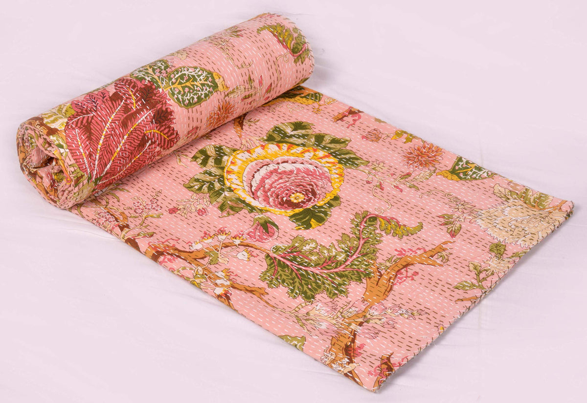 Indian Floral Print TwinQueen/King Size Kantha Quilt Kantha Blanket Bed Cover Kantha Bedspread Bohemian Bedding Kantha Blanket (Black, King (U.S. Standard))