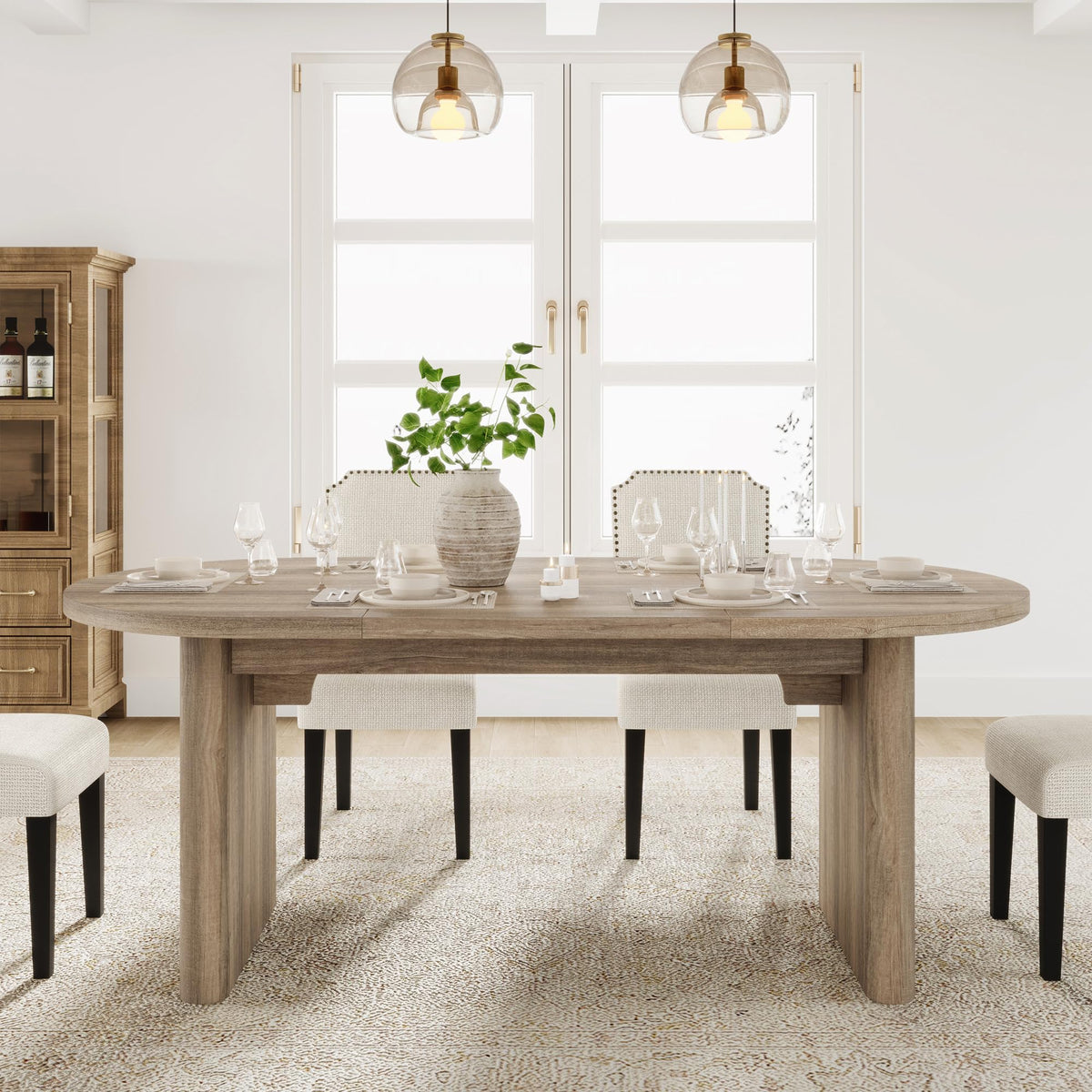 GarveeHome 63" Long Oval Dining Table with Wooden Base for 4-6 People