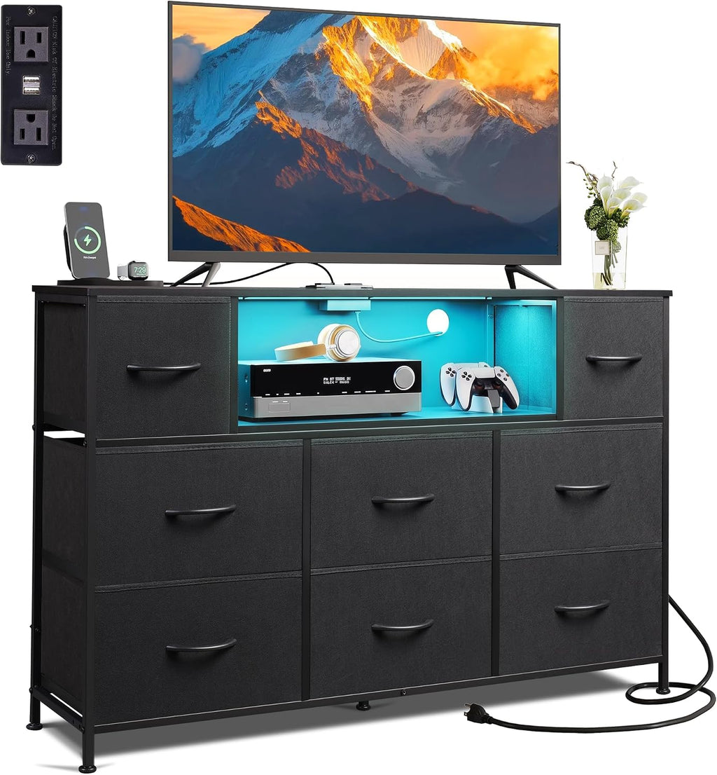 WLIVE LED Black Dresser TV Stand for 55 Inch TV, 8 Drawers