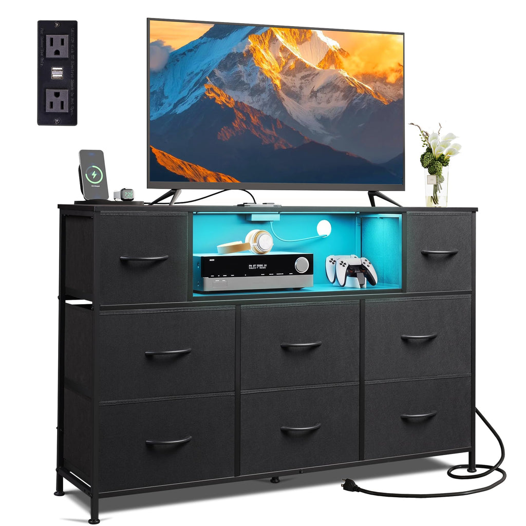 WLIVE LED Black Dresser TV Stand for 55 Inch TV, 8 Drawers