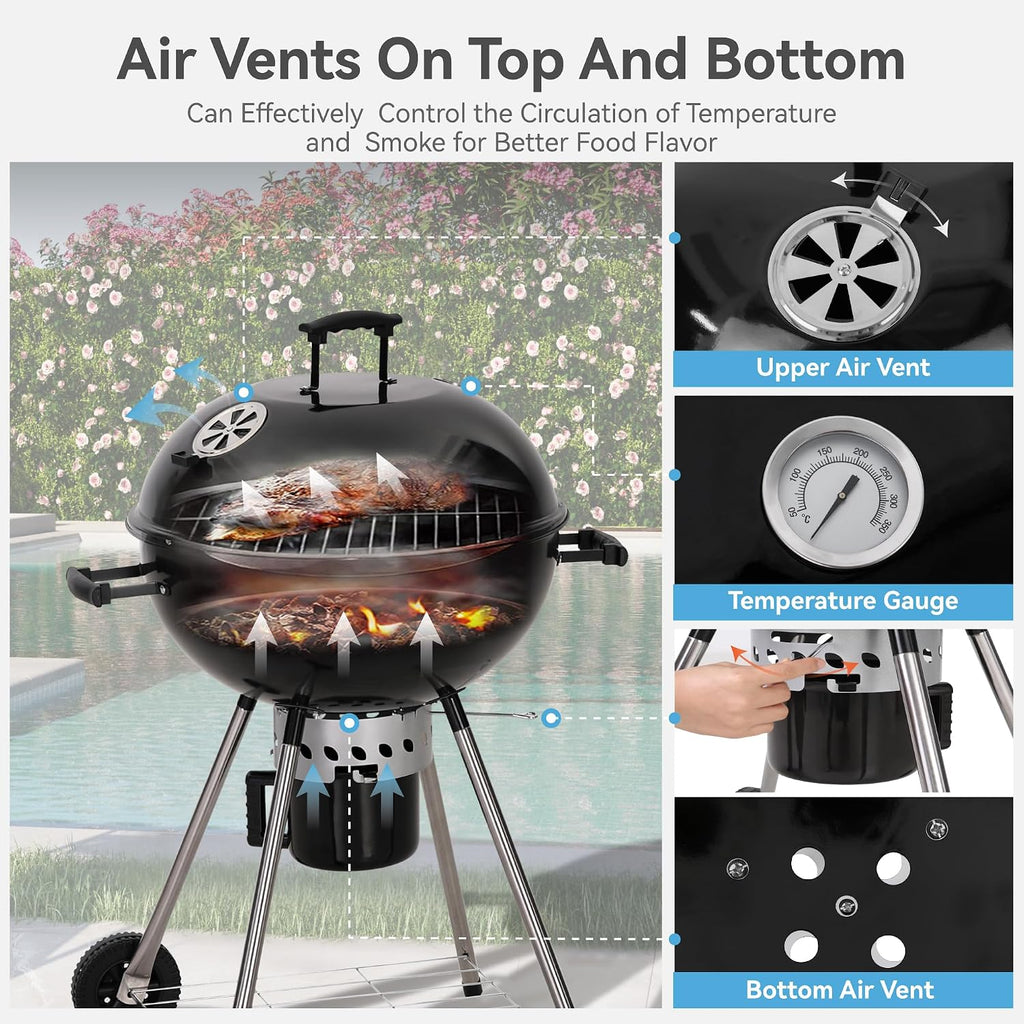 22 inch Kettle Charcoal BBQ Grill with Wheels for Outdoor Cooking