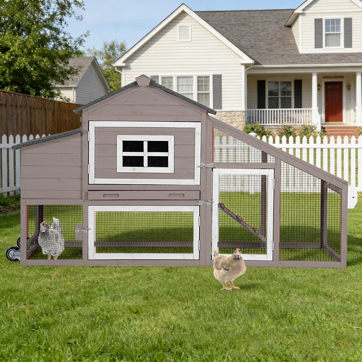 Mobile Chicken Coop with Wheels, Large Wooden Hen House with Run, Chicken Tractor with Waterproof Roof, Nesting Box & Pull-Out Tray, Outdoor Poultry Cage for Backyard Chickens/Rabbits (Grey)